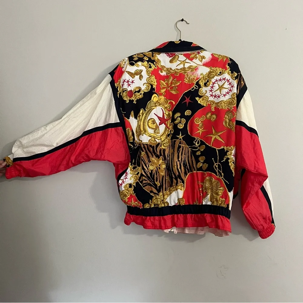 Vintage 1980s Rare Animal Print Gold Red Womens windbreaker bomber Jacket Size M - Picture 2 of 11